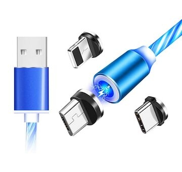 Magnetický nabíjecí USB kabel s LED podsvícením, 3v1, 1m, modrý KAXL