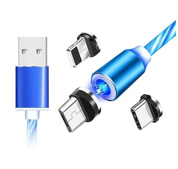 Magnetický nabíjecí USB kabel s LED podsvícením, 3v1, 1m, modrý KAXL