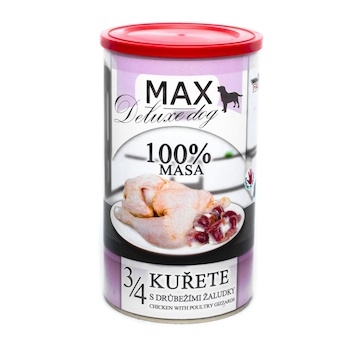 MAX Deluxe Dog 3/4 kuřete s drůbežími žaludky, konzerva 1200 g