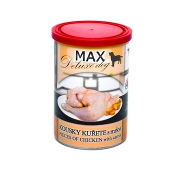 MAX Deluxe Dog kousky kuřete s mrkví, konzerva 400 g