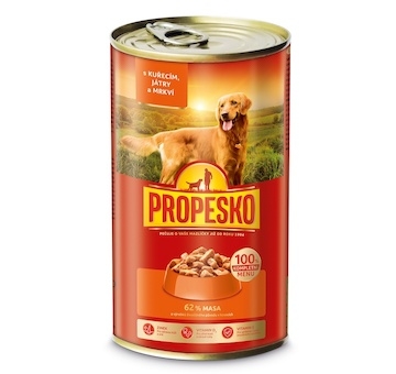 PROPESKO Dog kuřecí, játra a mrkev v omáčce, kousky 1240 g