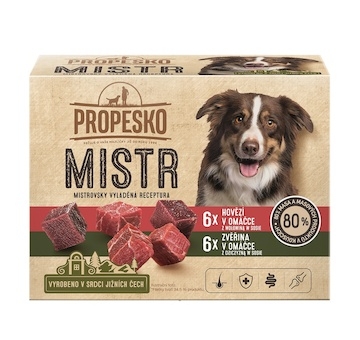 PROPESKO Dog Mistr hovězí, zvěřina v omáčce, kapsa 85 g (12 pack)