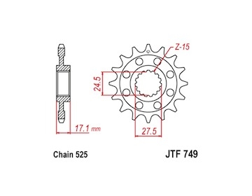 řetězové kolečko pro sekundární řetězy typu 525, JT (15 zubů)